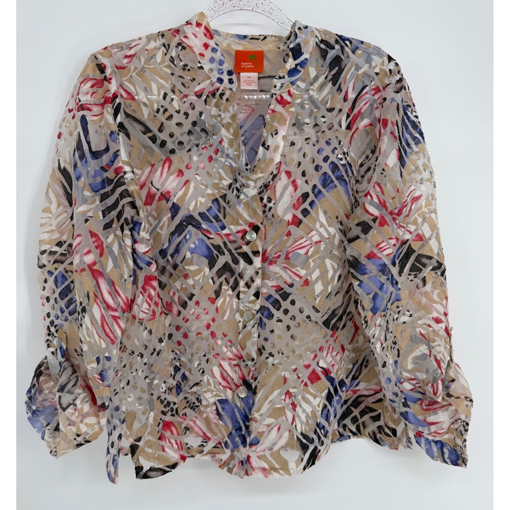 Hearts of Palm Womens Abstract Tropical Burnout Mesh Button Up Blouse Top Sz 14